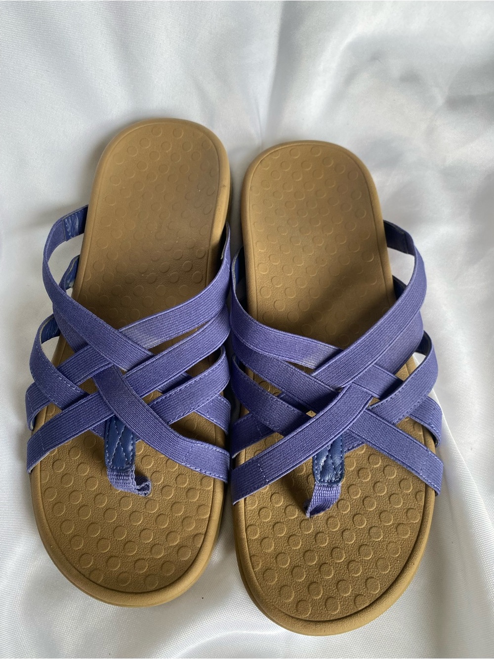 Vionic Purple Elastic Strappy Slide Sandals with Tan Footbed - Picture 2 of 4